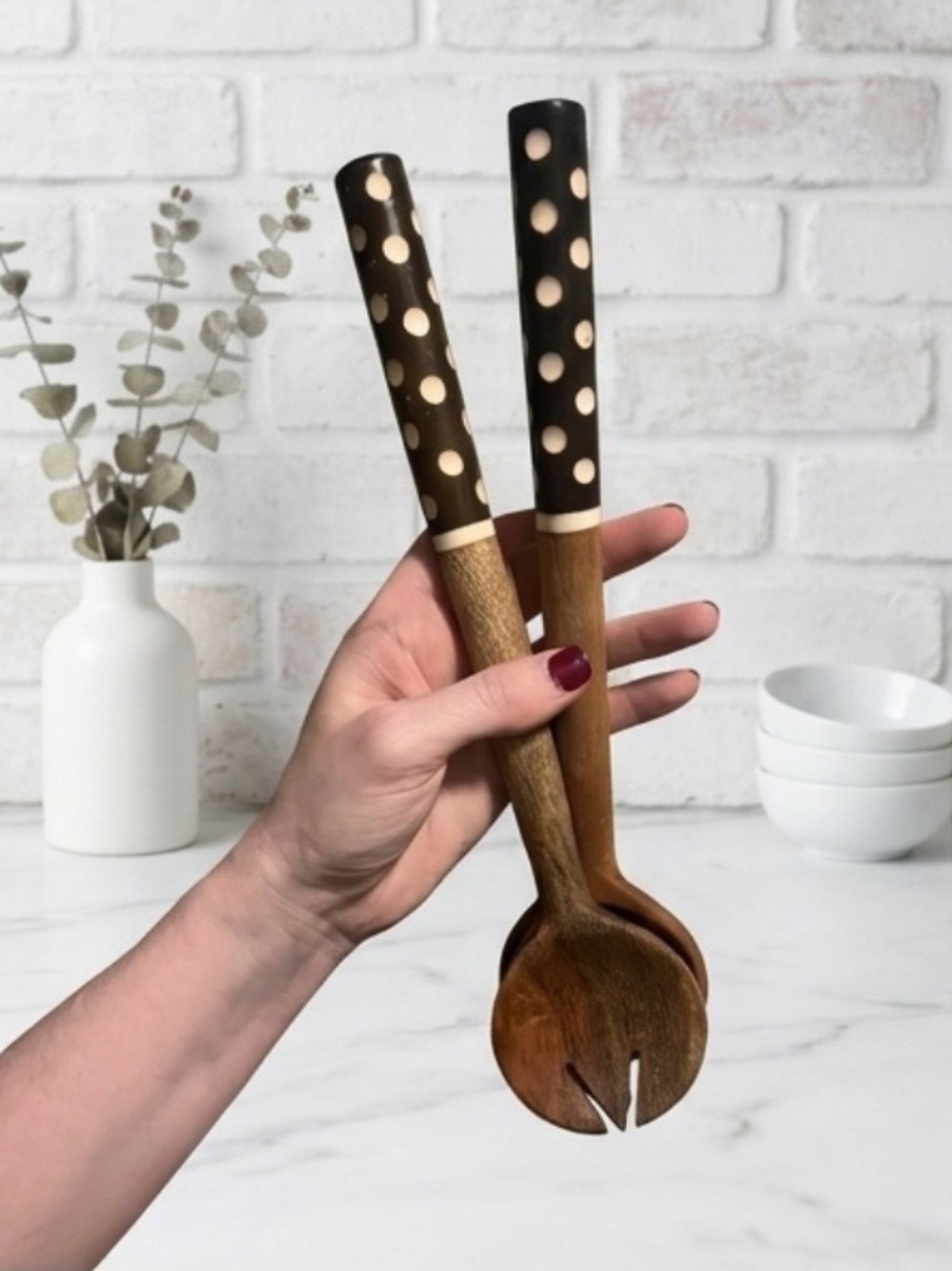 Polka Dot Handle Wooden Salad Serving Spoon and Fork Set - Brown - Picture 6 of 7
